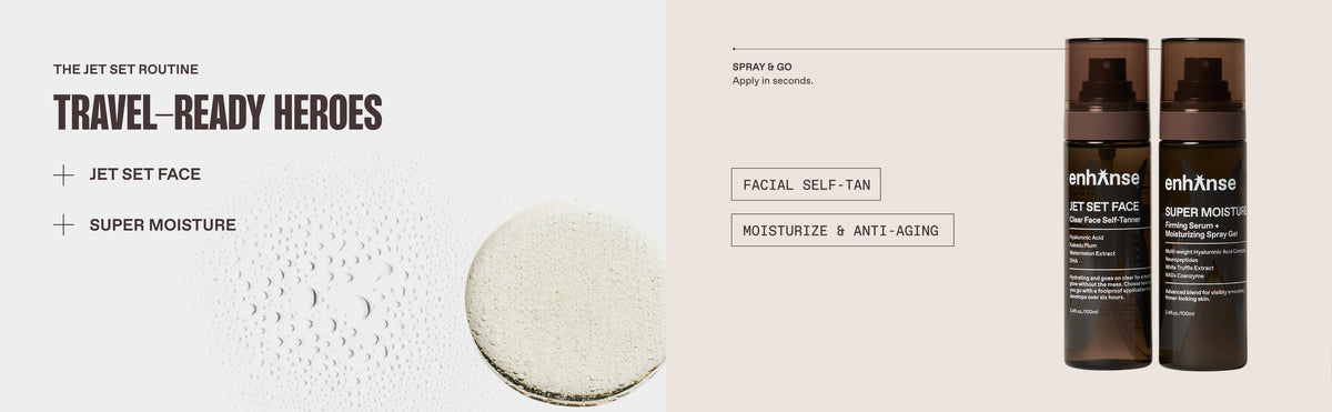 Travel-Ready Heros, Jet Set Face, Super Moisture. Spray and Go, Apply in seconds. Facial Self-tan, Moisturize & Anti-aging