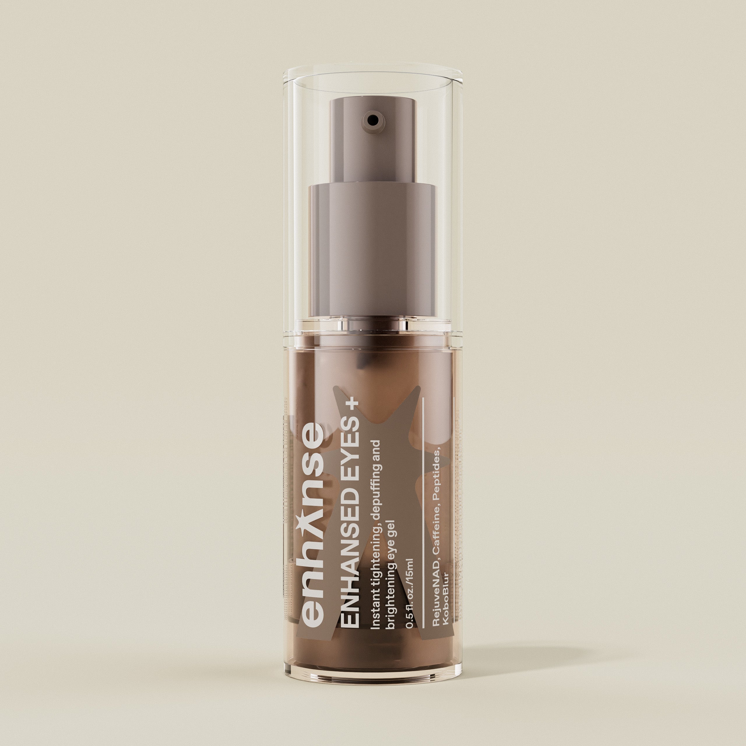 A bottle of ENHANSED EYES + eye cream with a pump dispenser, set against a neutral background.